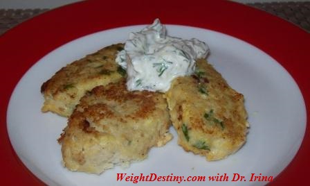 Low GI recipes, Fish Cakes with Tzatziki Sauce.Light, Healthy and nutritional meal 